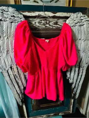 JODIFL Bright Pink Smocked Peplum Top with Puff Sleeves